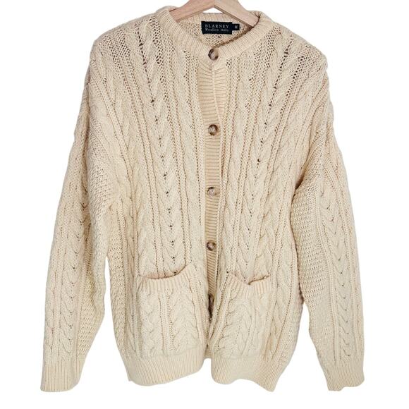 Blarney Woollen Mills Merino Wool Fisherman Cardigan Aran Knit | Cream | SZ M - Picture 1 of 9
